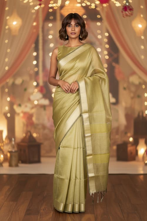 Maheshwari Cotton Tissue Saree-Golden Fine Checkered