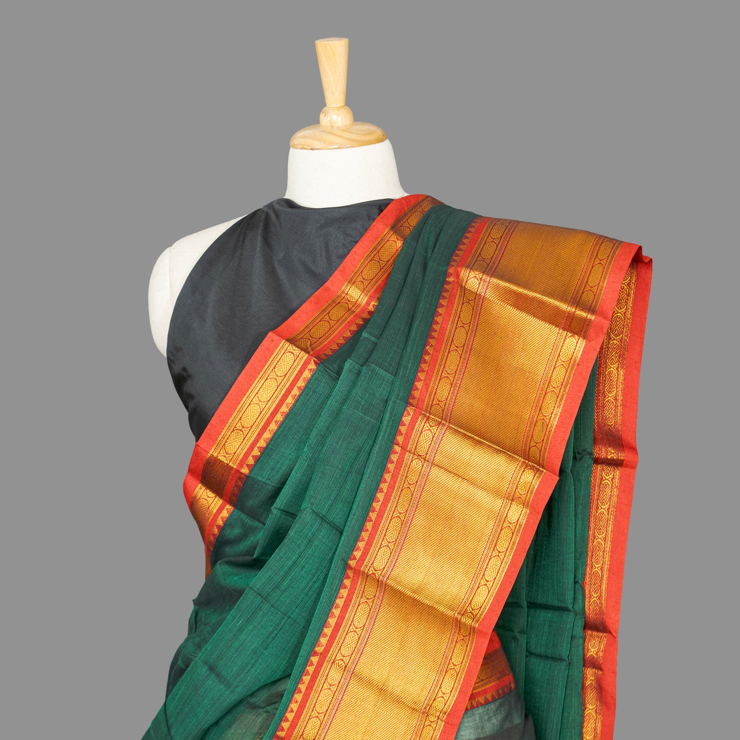 Fine Cotton Saree-Forest Green-Golden Woven Border