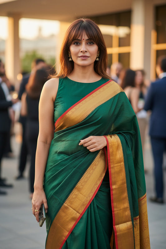 Fine Cotton Saree-Forest Green-Golden Woven Border