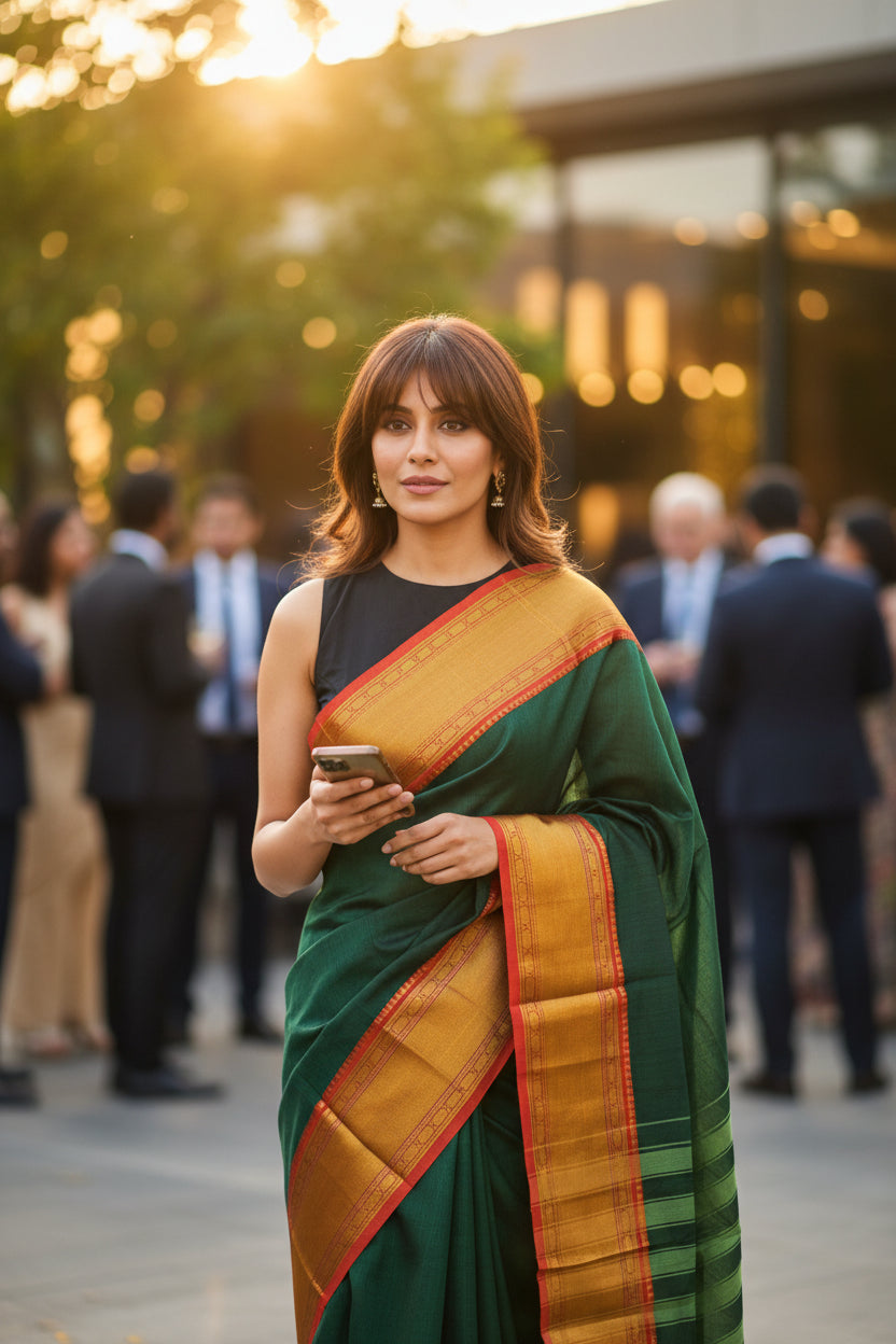 Fine Cotton Saree-Forest Green-Golden Woven Border