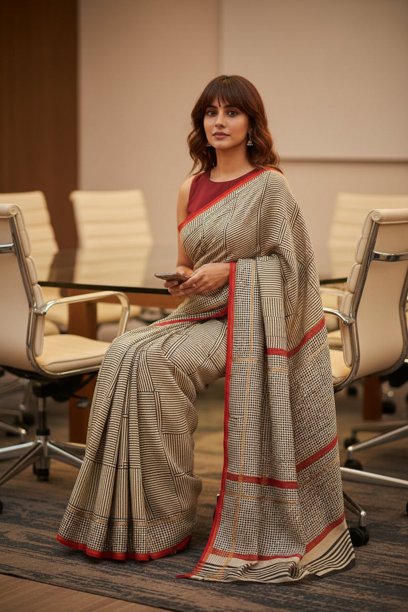 Chanderi Cotton Saree - Beige & Black-Geometrical Print