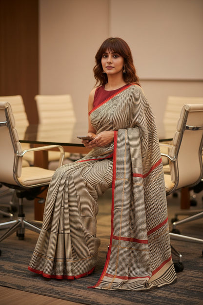 Chanderi Cotton Saree - Beige & Black-Geometrical Print